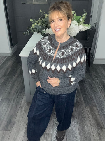 Fair Isle zip neck soft knit jumper-Grey