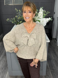 Fluffy bow front jumper-fawn