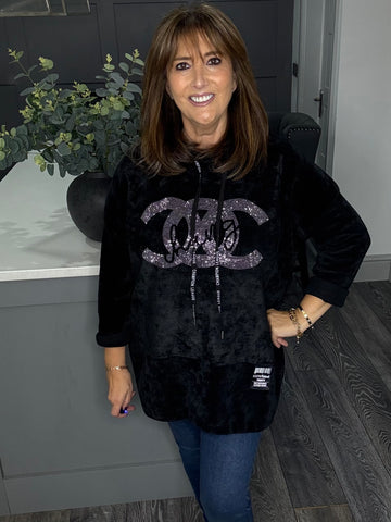 Luna soft velvet cord hoody-Black