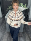Fair Isle zip neck soft knit jumper-Cream