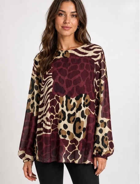 Berry pleated animal print top