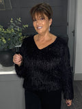 V neck sparkle fringe sweater-Bkack