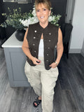 Denim military waistcoat-Chocolate