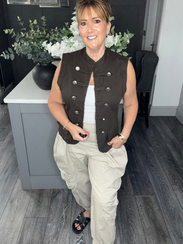 Denim military waistcoat-Chocolate