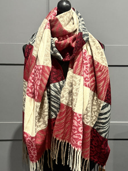 Wool blend checkered animal print scarf-Berry/Beige