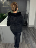 Black faux fur trim super soft eyelash knit hoody