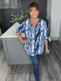 Zip V neck wave top-Blue