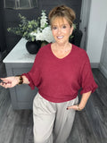 Soft knit frill sleeve sweater-Wine