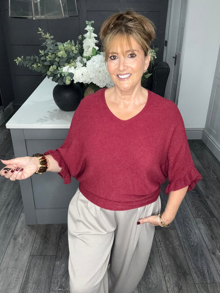 Soft knit frill sleeve sweater-Wine