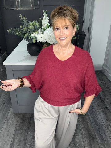 Soft knit frill sleeve sweater-Wine