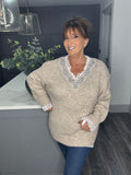 Beige marl and lace longline jumper