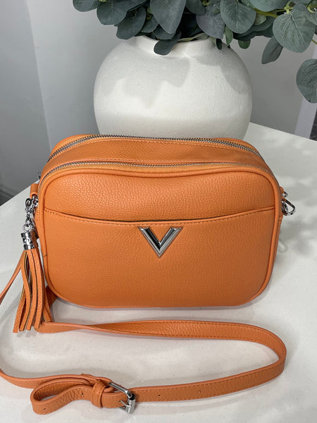 Double compartment crossbody bag with tassel -Orange