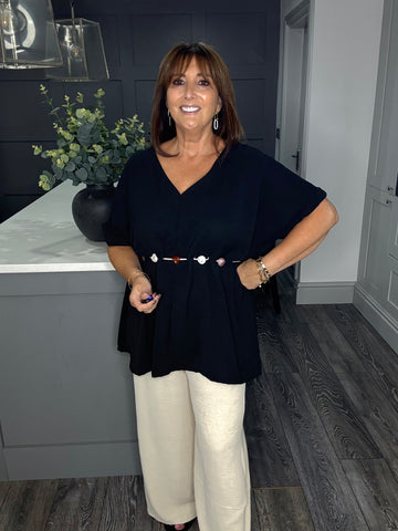 Ava tunic top with beaded belt-Black