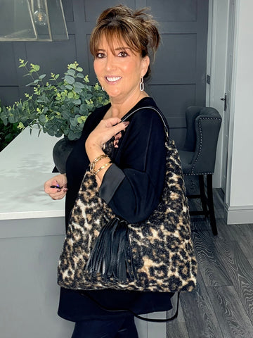 Animal print Borg hobo tassel bag-Black