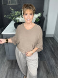 Soft knit frill sleeve sweater-Taupe