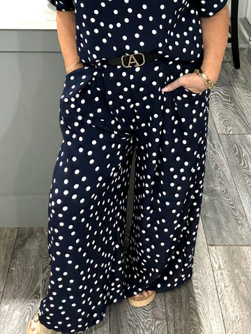 Navy Polka dot wide leg trouser