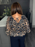 Geo print double V bubble hem top-Navy multi