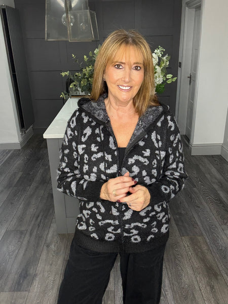 Super soft animal print hooded cardigan-Black/Grey