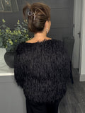 V neck sparkle fringe sweater-Bkack