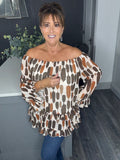 Abstract print frilled layered bardot top-Tan