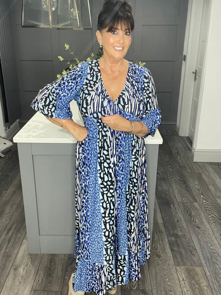 Animal print V neck shirred waist maxi dress-Blue