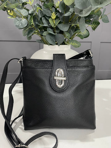 Black Italian soft leather crossbody bag with twist lock