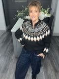 Fair Isle zip neck soft knit jumper-Black