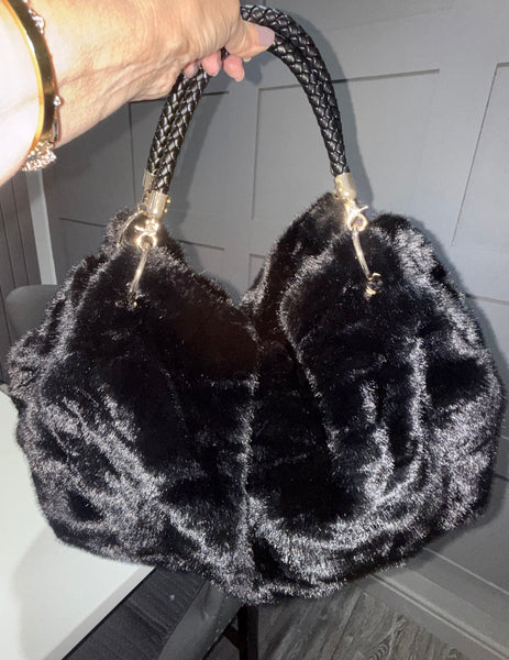 Remi faux fur hobo bag-Black