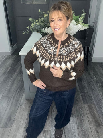 Fair Isle zip neck soft knit jumper-Chocolate