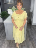 Yellow broidery anglaise Bardot midi dress