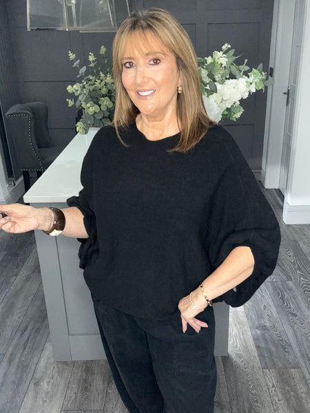 Balloon sleeve slouch knitted top-black
