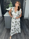 Fern print cross over V  neck maxi-Khaki