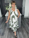 Abstract print Midi dress-Khaki