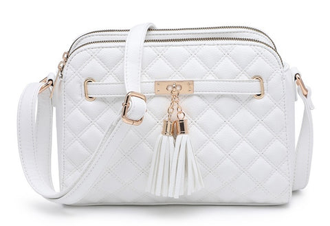 White quilted double tassel camera bag