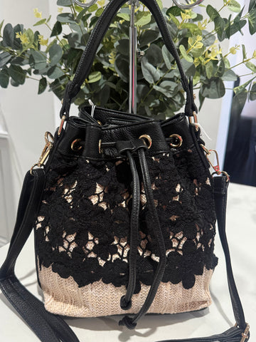 Black crochet lace and straw bag