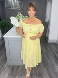 Yellow broidery anglaise Bardot midi dress