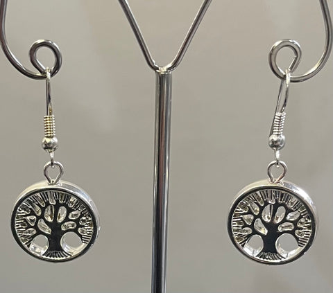 Silver tone finish tree of life drop earrings