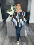 Pleated frill Bardot top-Blue/chocolate