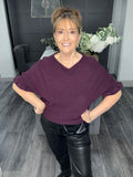 Aubergine frill sleeve soft knit sweater