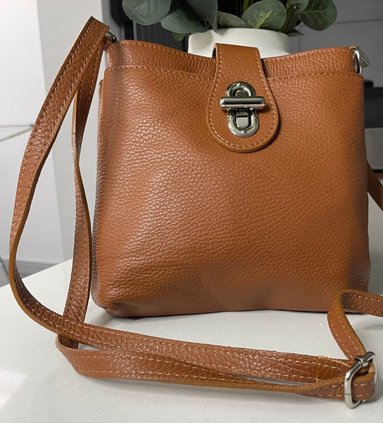 Tan Italian soft leather crossbody bag with twist lock