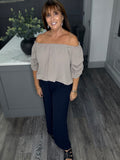 Rachel ruched sleeve Bardot top-Mocha