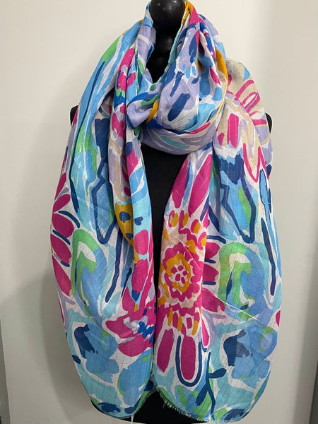 Abstract flower print scarf-Blue