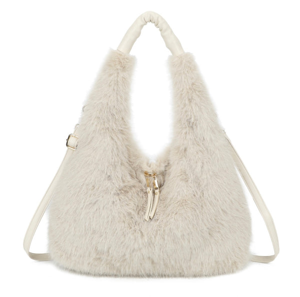 Fluffy faux fur hobo bag-Beige