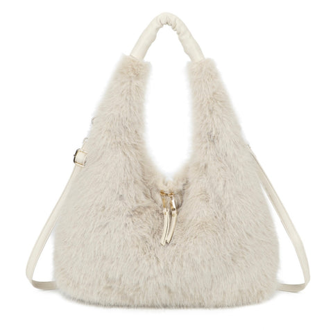 Fluffy faux fur hobo bag-Beige