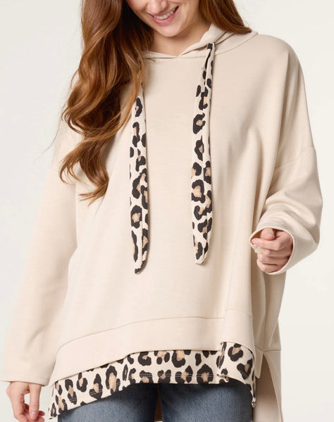 Beige leopard trim hoody