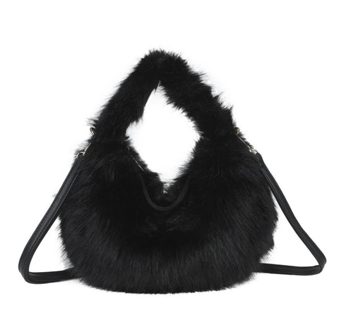 Black fluffy faux fur shoulder/crossbody bag