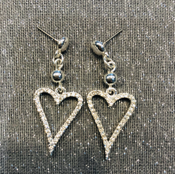 Silver finish diamanté drop heart earrings