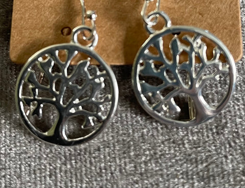 Silver tone finish tree of life drop earrings