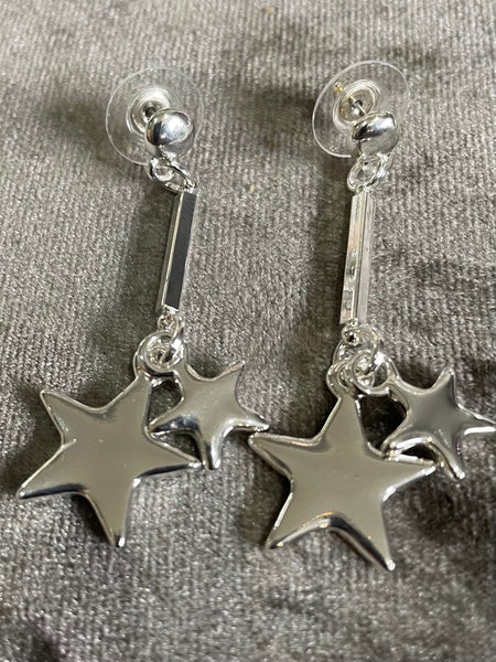 Silver finish Double star bar drop earrings