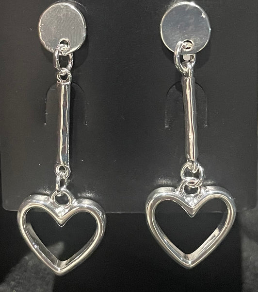 Silver finish open heart drop earrings